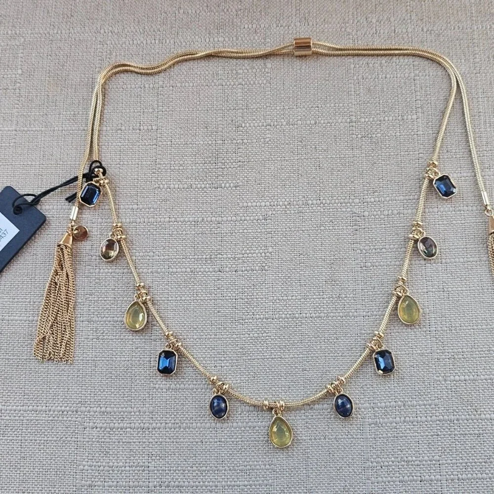 Nordstrom Women Necklace Gold Tone Blue and Yellow Tone Faux Stone Fashion New
